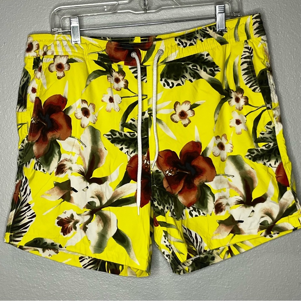 J Crew Swim Trunks Men L Yellow‎ Floral Mesh Lined Pull On Hawaiian Beach Shorts